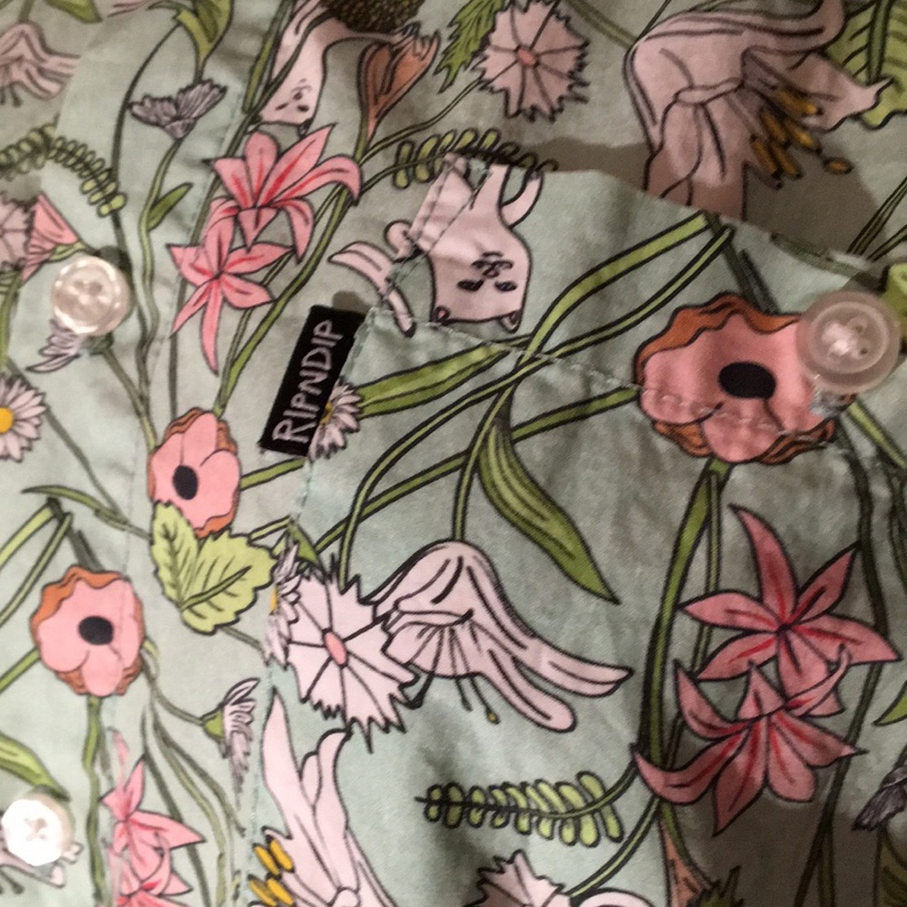 Flowers & Cats Green Button Up Short Sleeve Shirt Size Small 4/6 Cat Lady Blouse - Picture 2 of 9